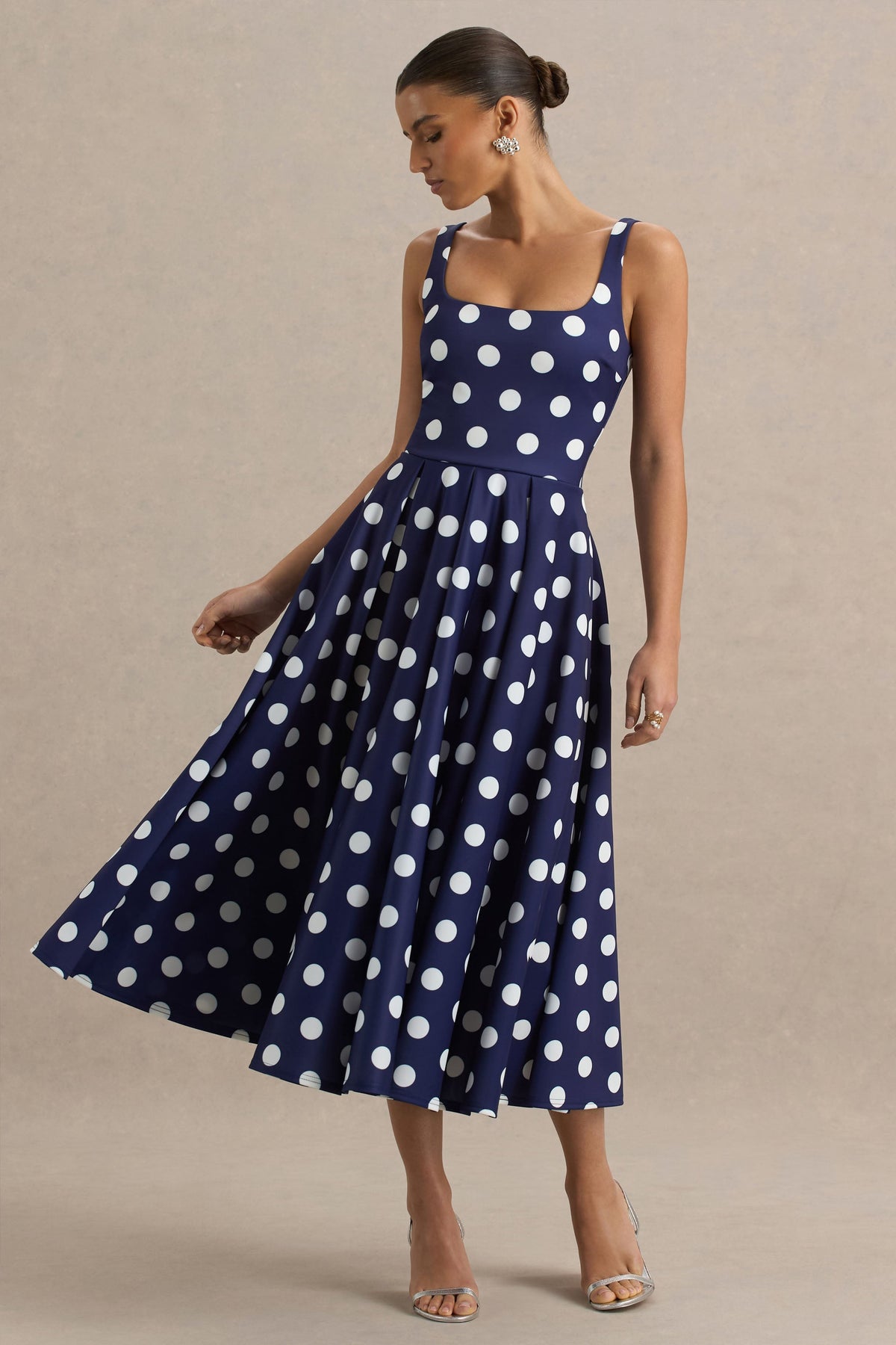 Berta | Navy And White Polka Dot Print Scuba Square Neck A-Line Midi Dress