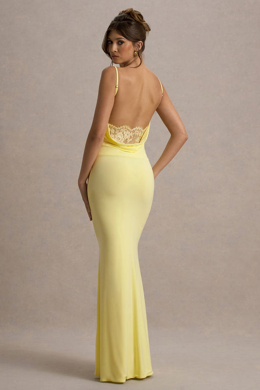 Francoise | Lemon Cowl Neck Backless Maxi Dress With Lace Insert