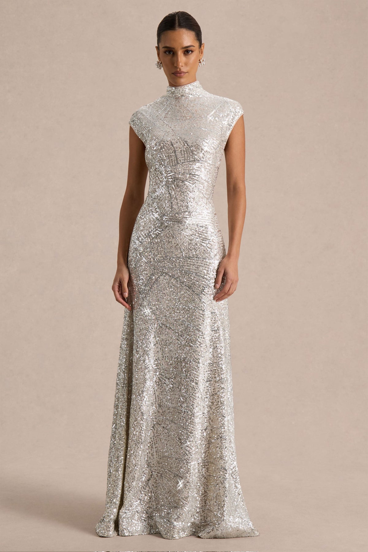 Cecy | Silver Sequin High Neck Short Sleeve Maxi Dress