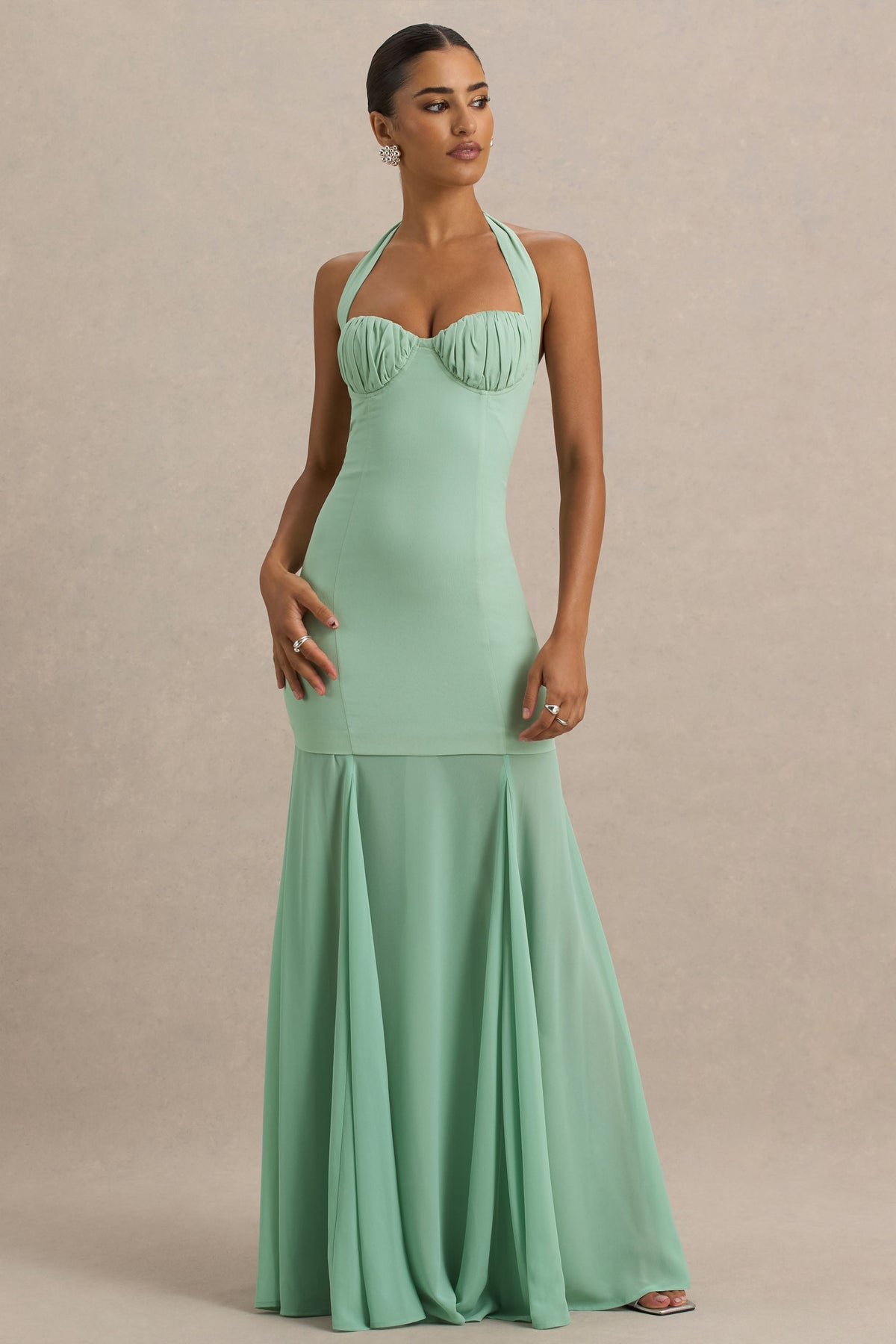 Kirby | Sage Corset Halter-Neck Maxi Dress With Sheer Detail