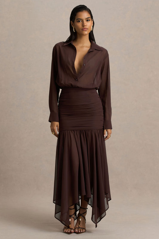 Kris | Brown Chiffon V Neck Long Sleeve A-Line Maxi Dress