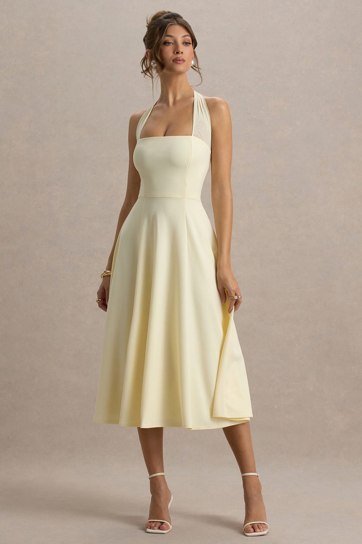 Auburn | Pale Lemon Halter Skater Midi Dress