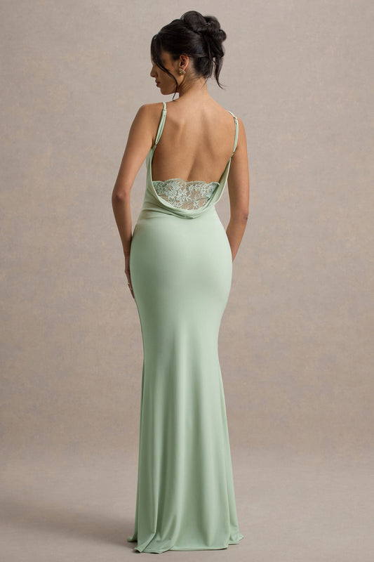 Francoise | Light Green Cowl Neck Backless Maxi Dress With Lace Insert