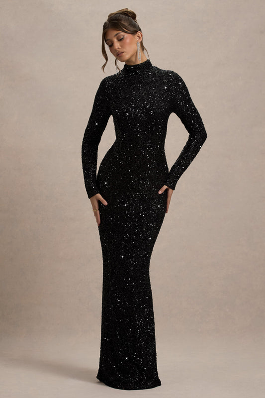 Galaxy | Black Sequin High Neck Long Sleeve Maxi Dress