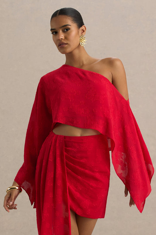Aruba | Red Satin Devore Asymmetric Long-Sleeve Crop Top