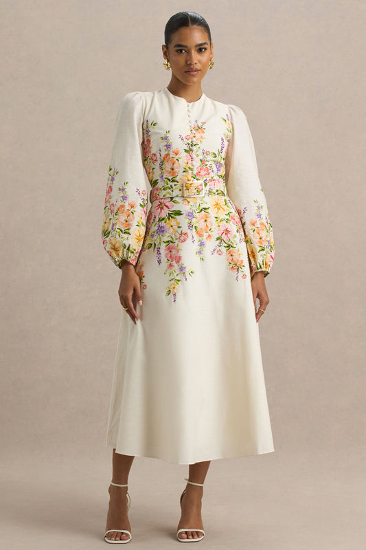Dahlia | White Floral Border Print High-Neck Midi Dress