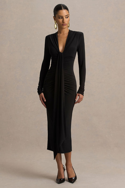 Ivara | Black Plunge-Neck Midi Dress With Ruched Detailing And Sash
