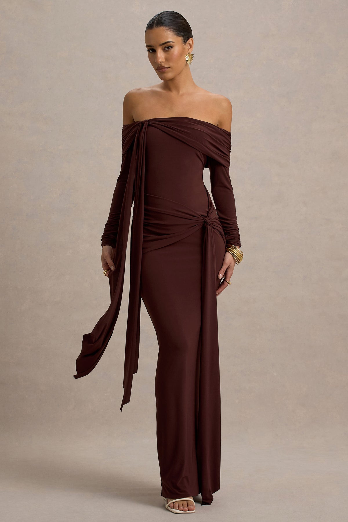 Jovie | Brown Jersey Ruched Bardot Long Sleeve Wrap Maxi Dress With Sashes and Back Split