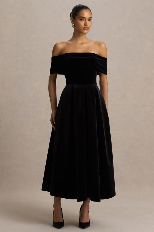 Ablaze | Black Velvet Bardot Short Sleeve A-Line Midi Dress
