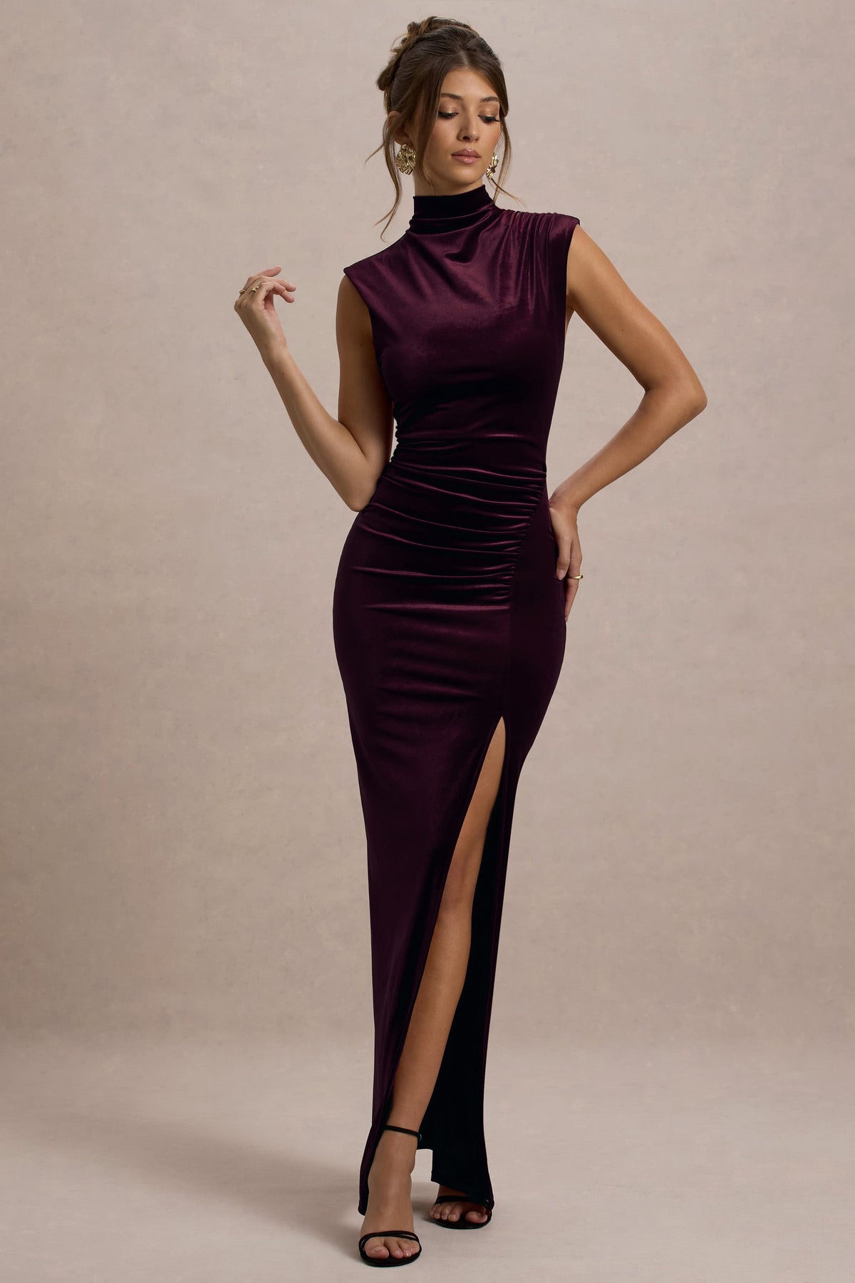 Abilene | Port Velvet High Neck Maxi Dress With Gathered Detailing And Split
