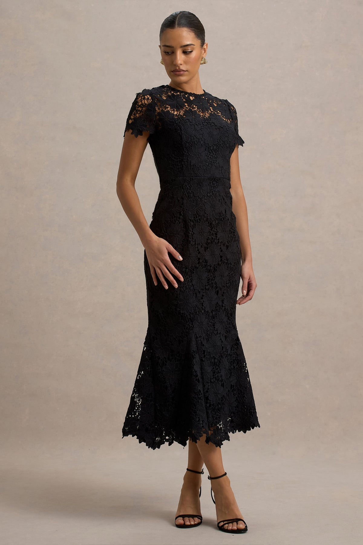 Clarissa | Black Lace High Neck Short Sleeve Midi Dress