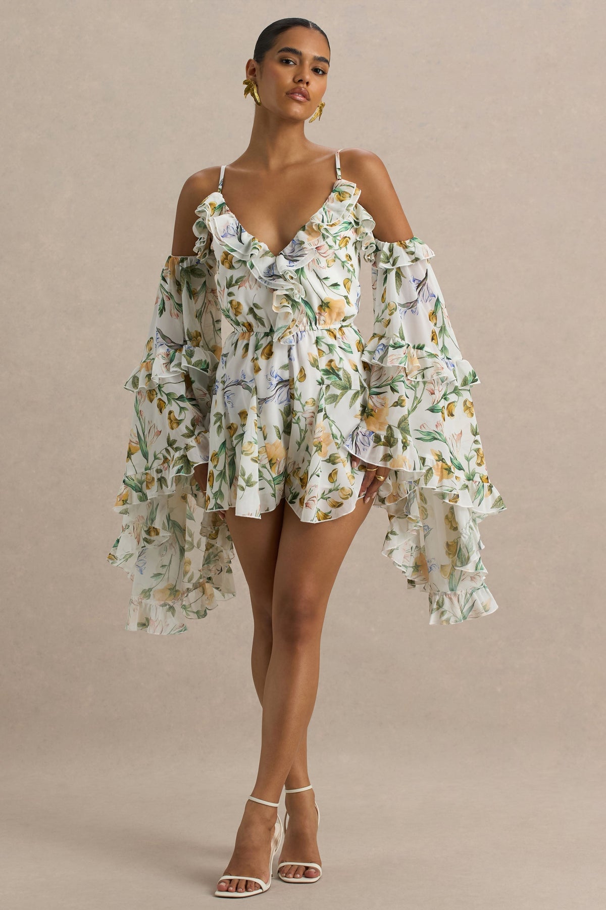 Anaya | Lemon Floral Print Chiffon Romper With Long Sleeves