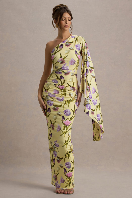 Clementina | Tulip Floral Print Asymmetric Cape Sleeve Maxi Dress
