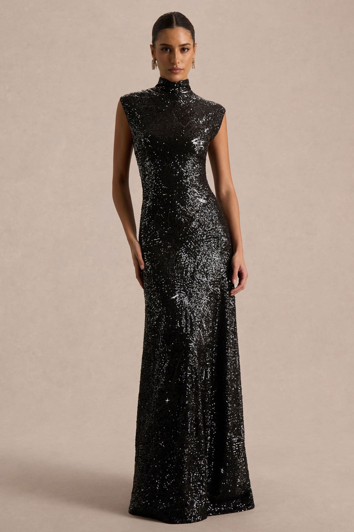 Cecy | Black Sequin High Neck Short Sleeve Maxi Dress