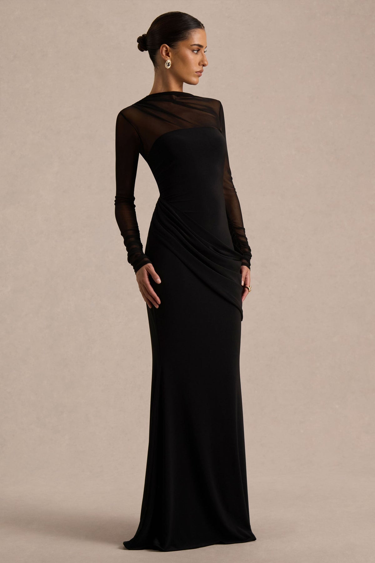 Deema | Black Jersey High Neck Long Sleeve Maxi Dress With Ruching