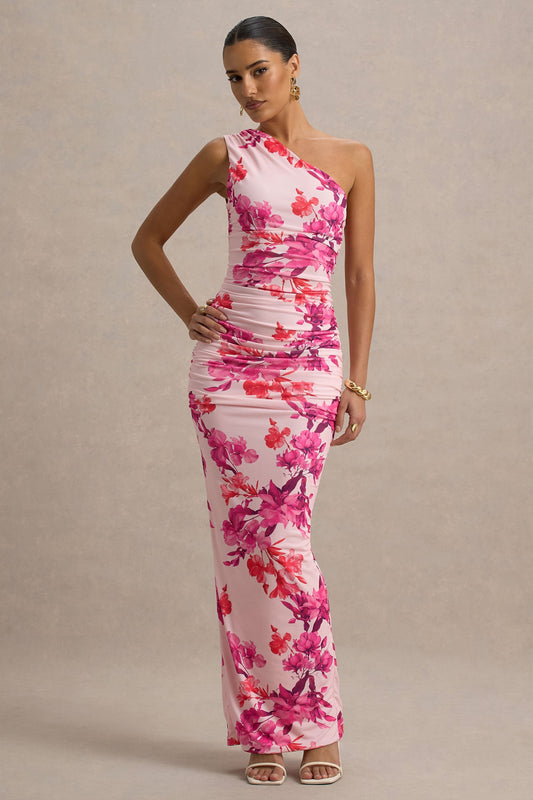 Dalarie | Pink and Orange Floral Print One-Shoulder Gathered Maxi Dress