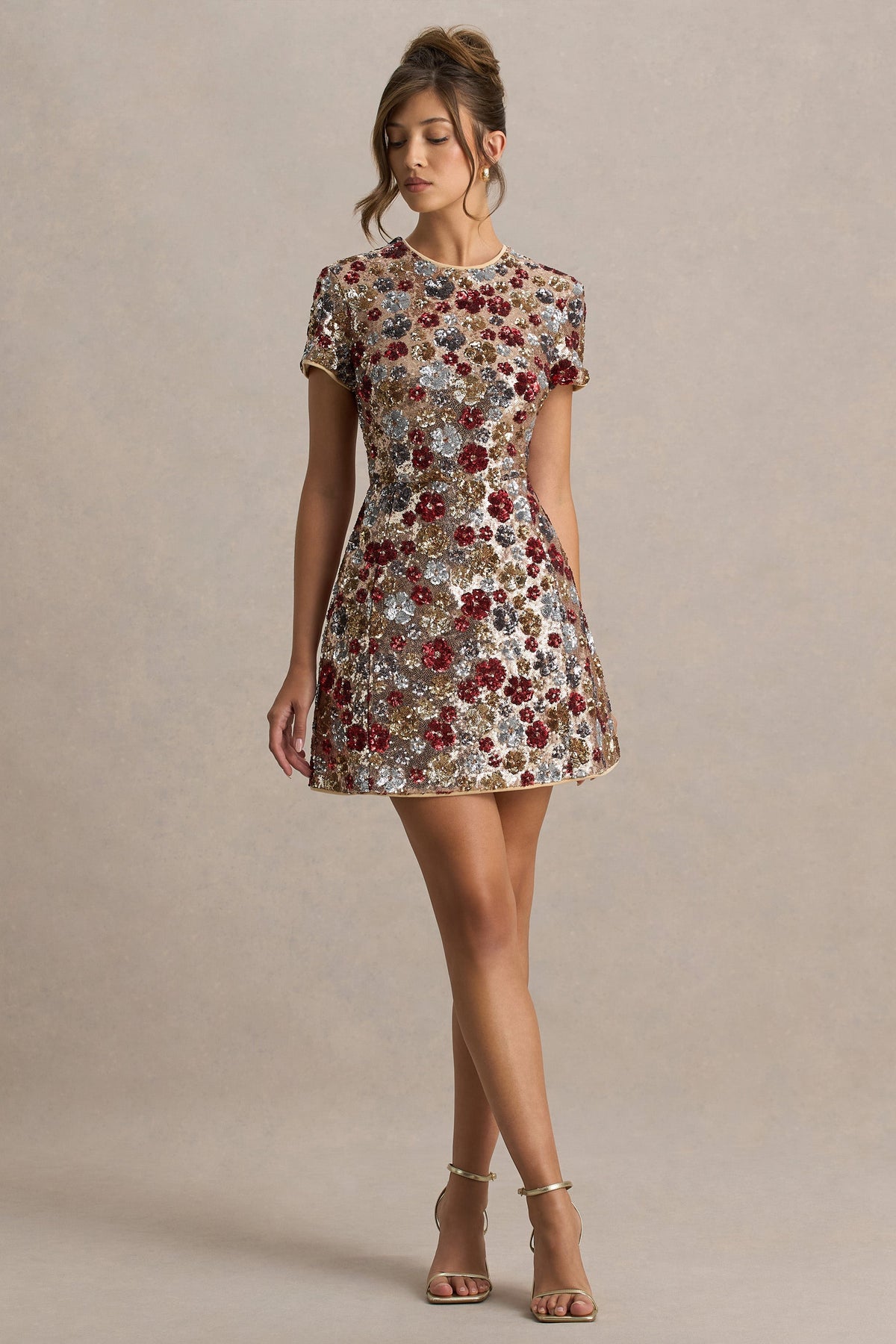 Eira | Red Floral Sequin Round Neck Short Sleeve A-Line Mini Dress