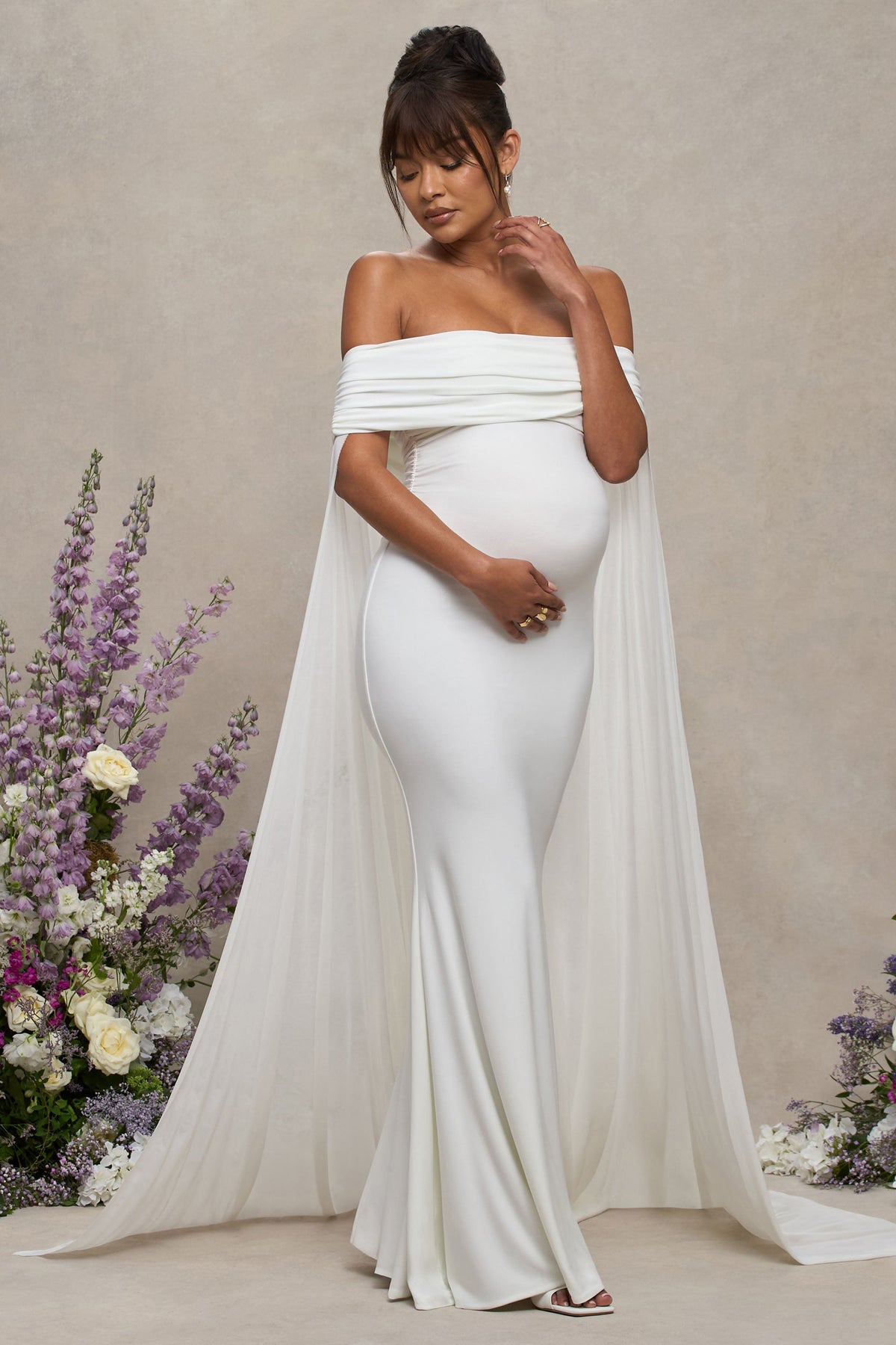 Carlotta | White Bardot Maternity Maxi Dress With Mesh Cape