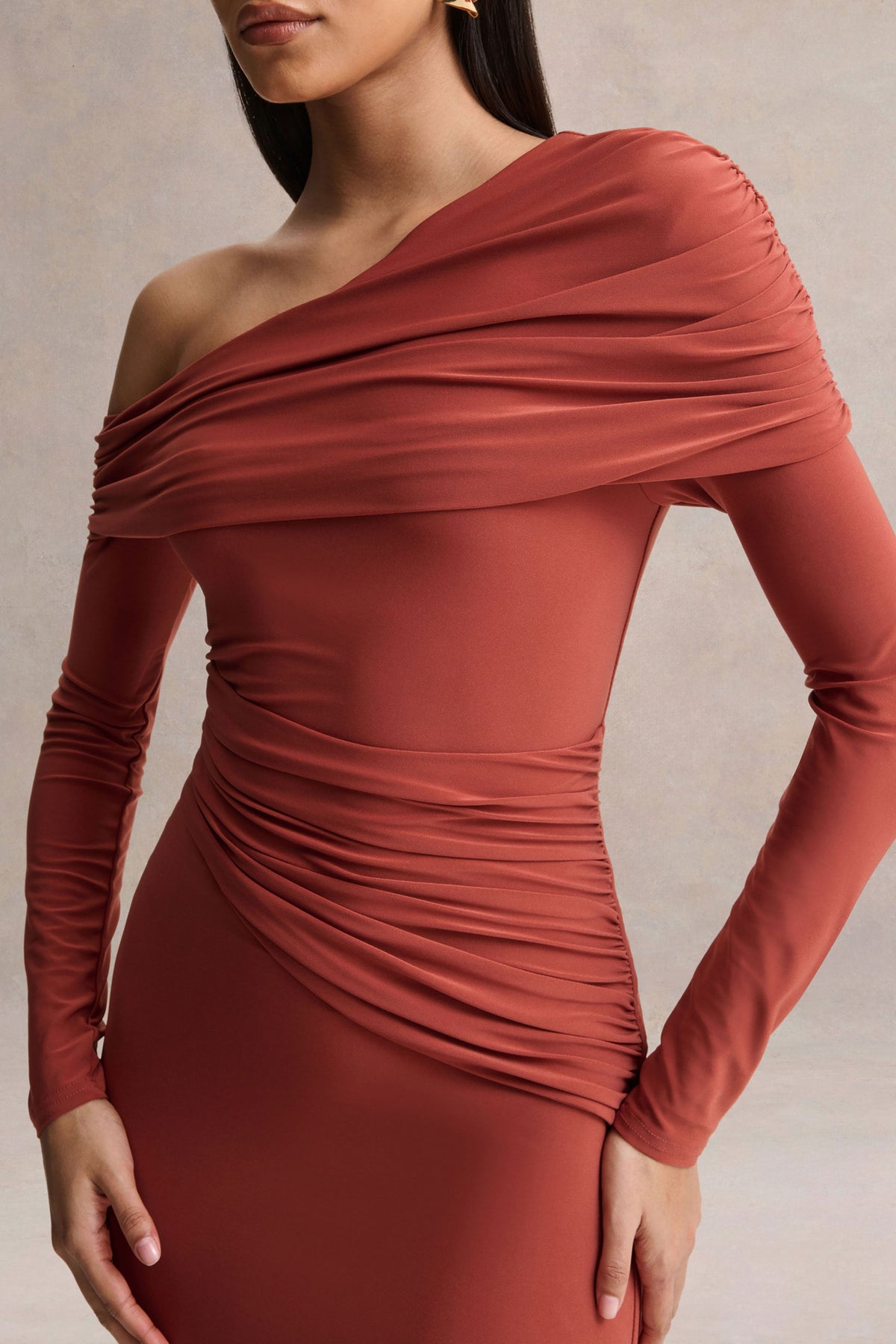 Elliora | Rust Asymmetric-Neck Midi Dress