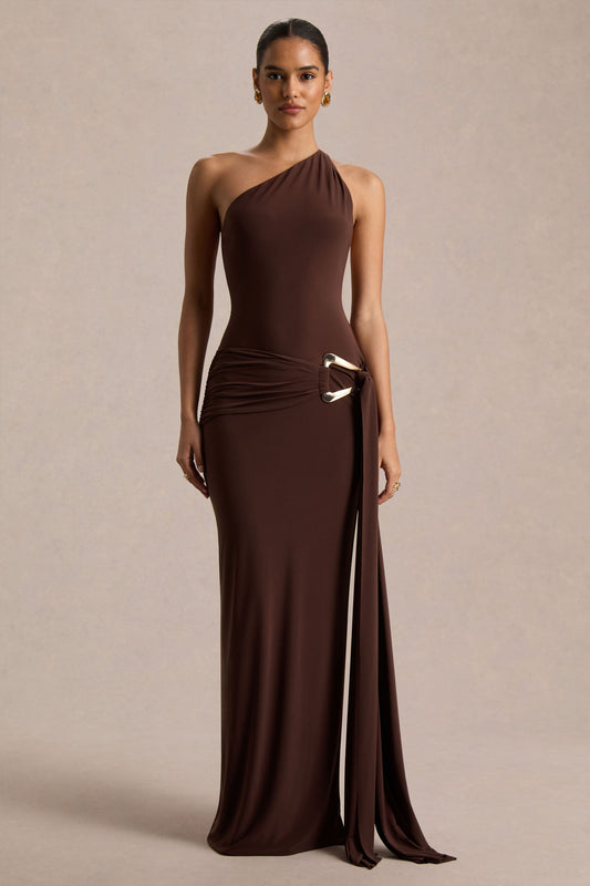 Bonnie | Brown Asymmetric-Neck Maxi Dress With Open-Back