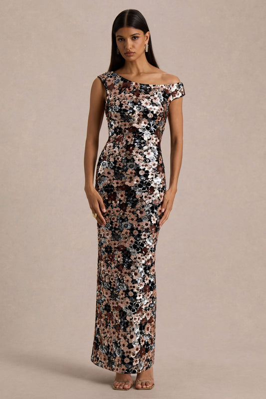 Electric | Black Velvet & Embellished Sequin Floral Asymmetric-Neck Maxi Dress