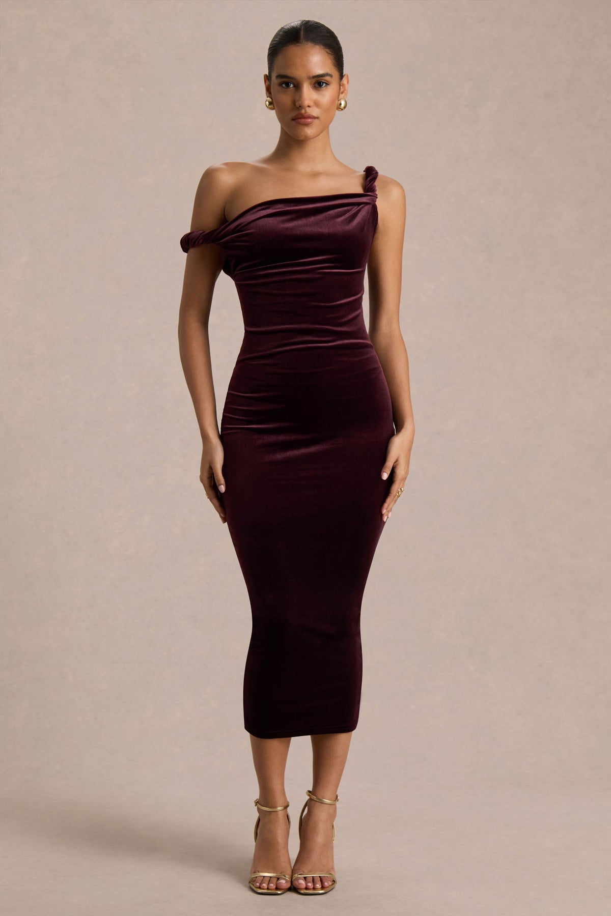 Carella | Burgundy Velvet One Shoulder Midi Dress With Twist Detailing