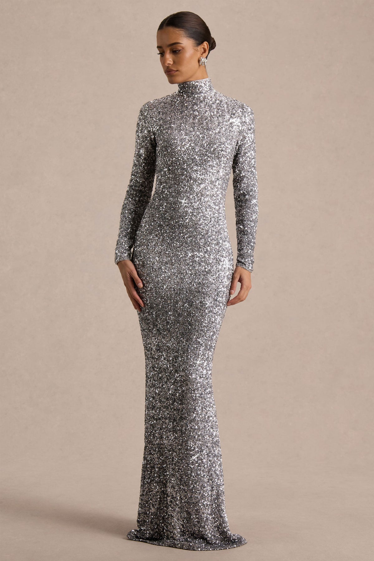 Galaxy | Silver Sequin High Neck Long Sleeve Maxi Dress