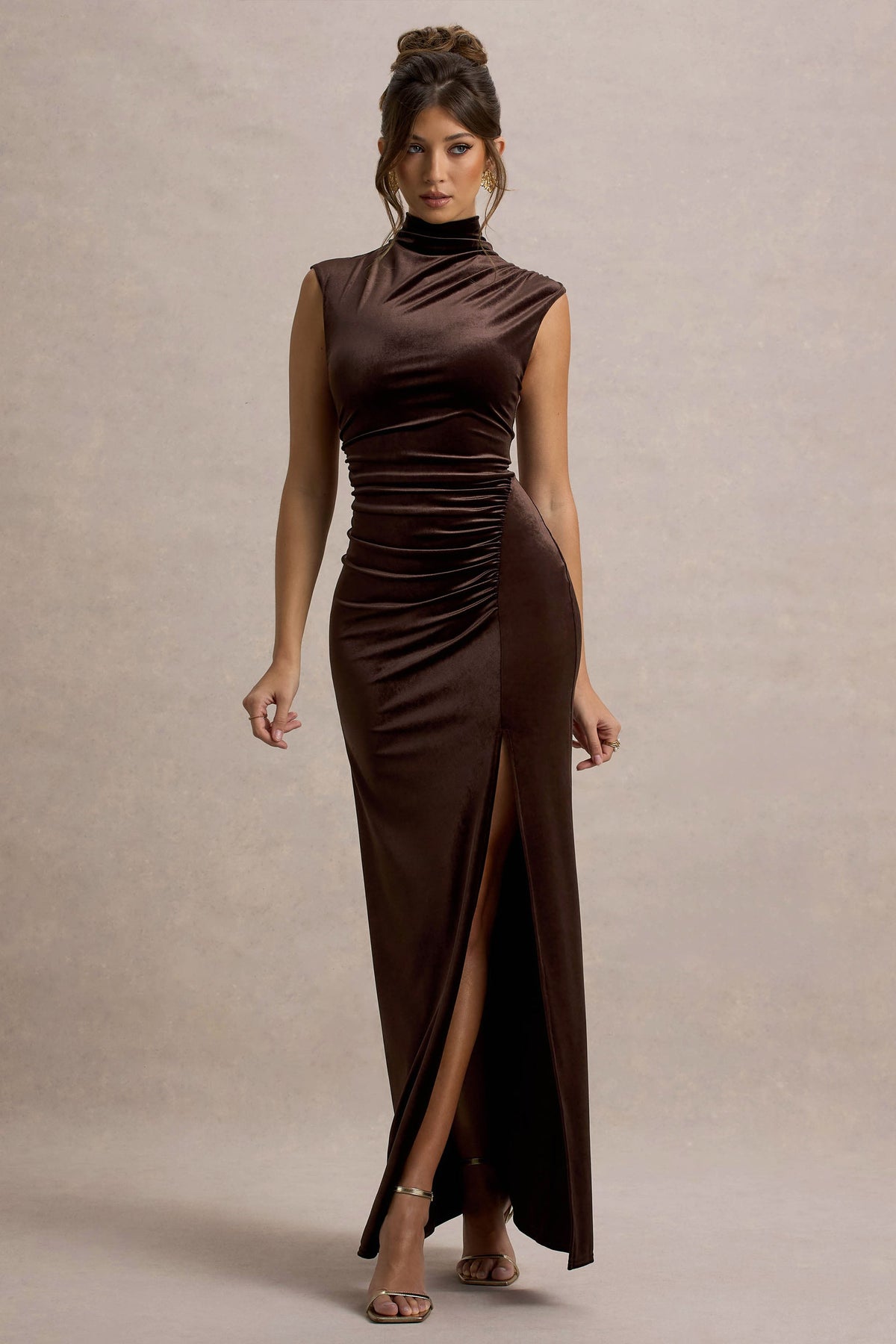 Abilene | Chocolate Velvet High Neck Maxi Dress With Gathered Detailing And Split