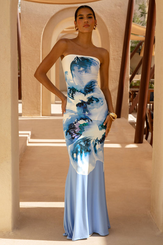 Ceremony | Large Blue Floral Print Bandeau Fishtail Maxi Dress