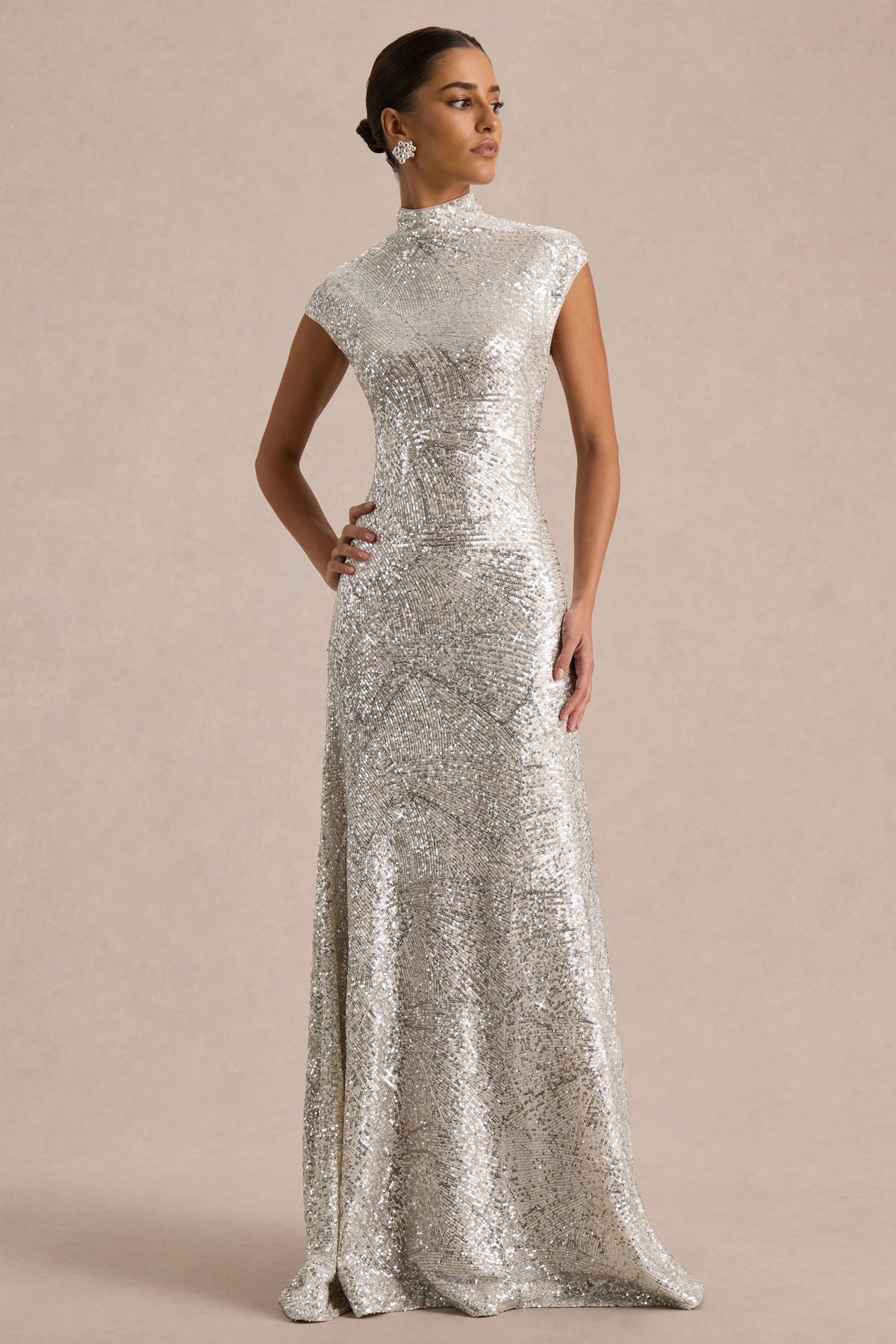 Cecy | Silver Sequin High Neck Short Sleeve Maxi Dress