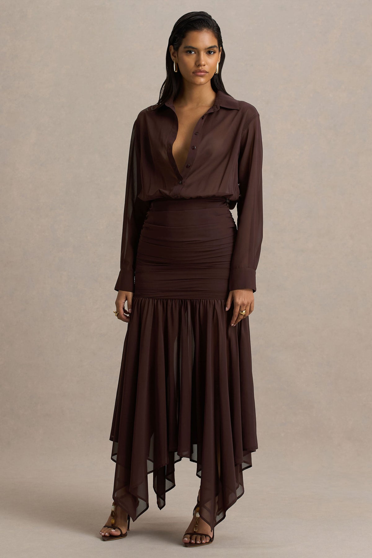 Kris | Brown Chiffon V Neck Long Sleeve A-Line Maxi Dress
