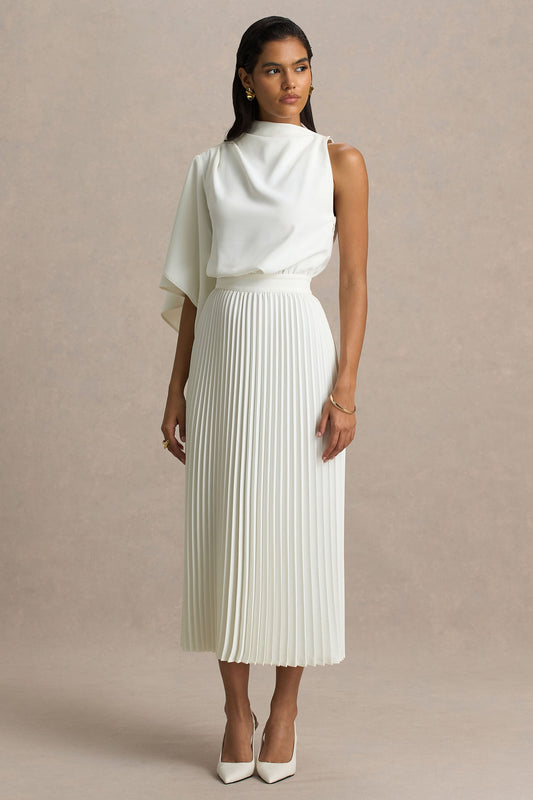 Jimena | Cream High-Neck Midi Dress With One-Long Sleeve And Pleated Detailing