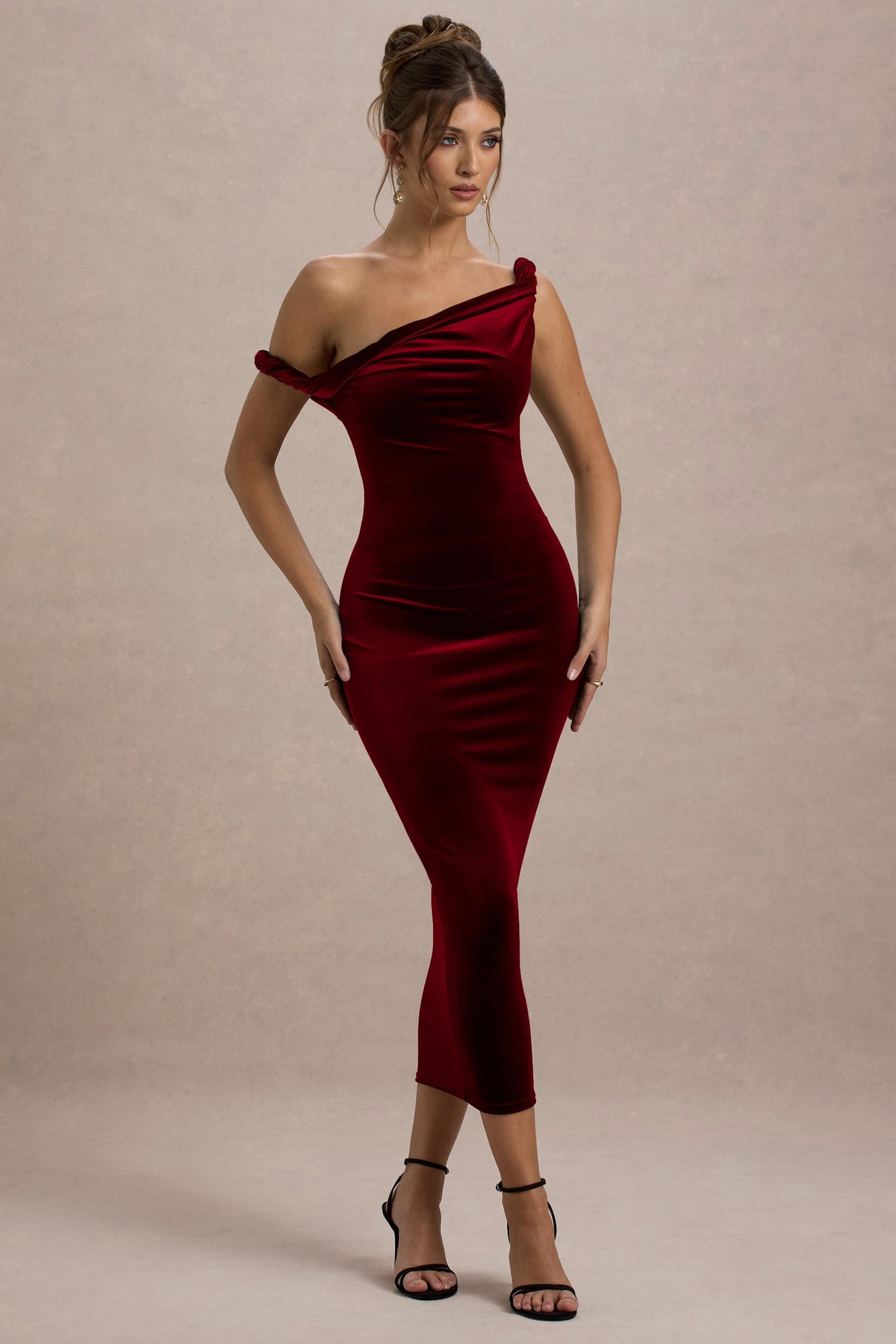 Carella | Berry Velvet One Shoulder Midi Dress With Twist Detailing