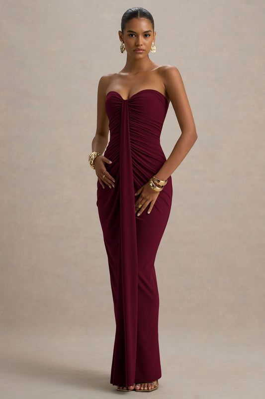Ali | Burgundy Jersey Sweetheart Maxi Dress With Gathered Detailing And Sash