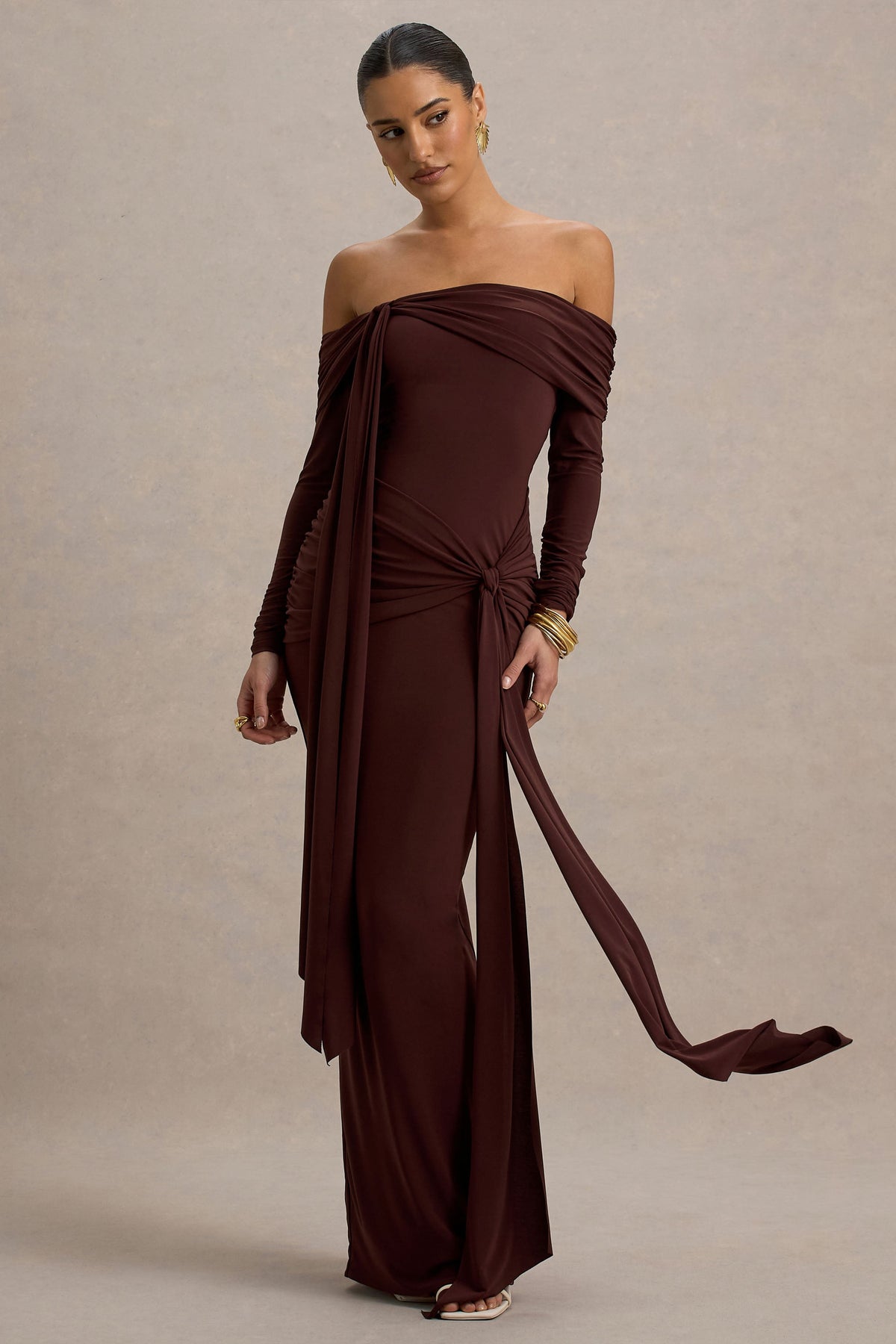 Jovie | Brown Jersey Ruched Bardot Long Sleeve Wrap Maxi Dress With Sashes and Back Split