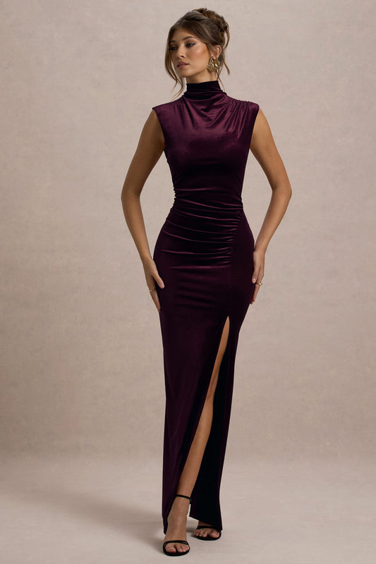 Abilene | Port Velvet High Neck Maxi Dress With Gathered Detailing And Split
