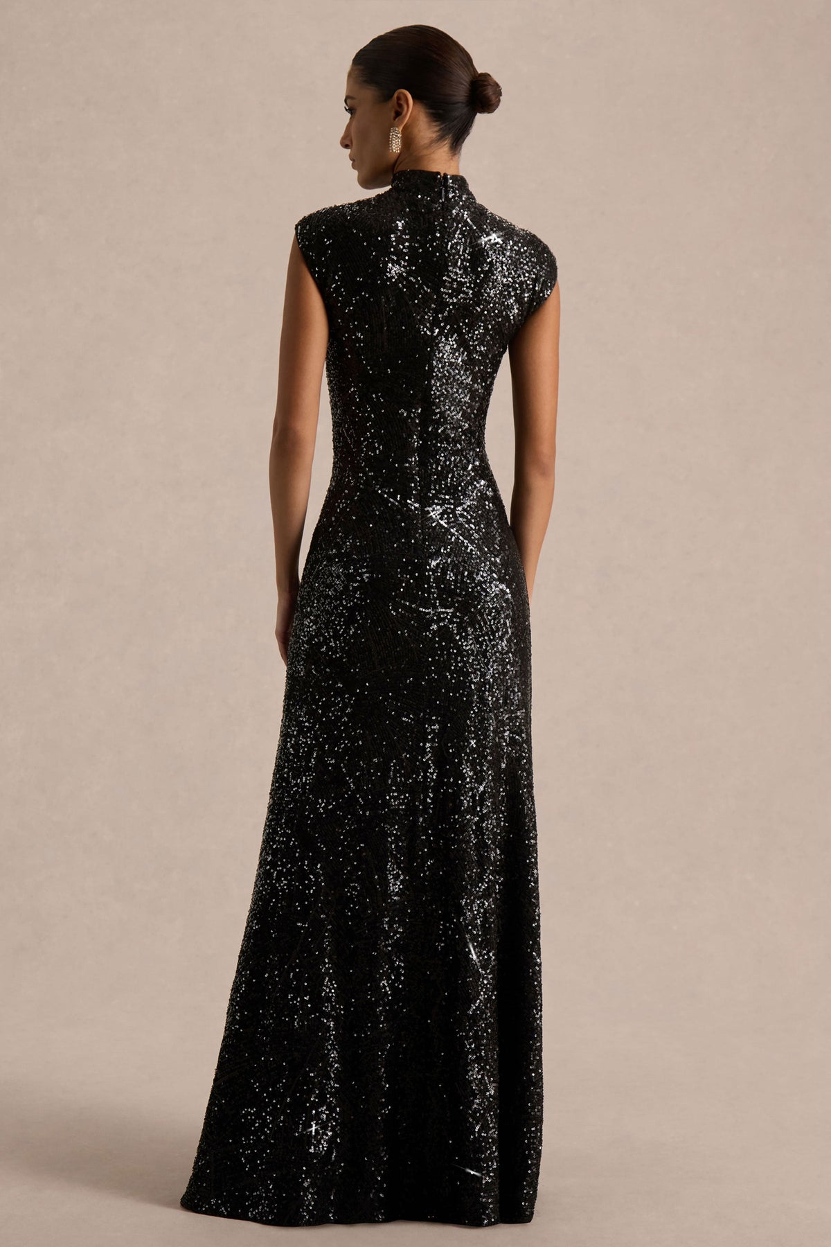 Cecy | Black Sequin High Neck Short Sleeve Maxi Dress