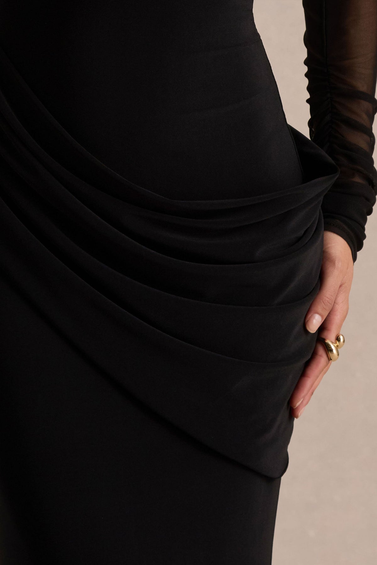Deema | Black Jersey High Neck Long Sleeve Maxi Dress With Ruching