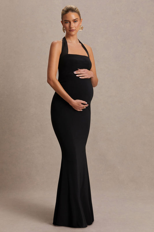 Avielle | Black Halter-Neck Maternity Maxi Dress