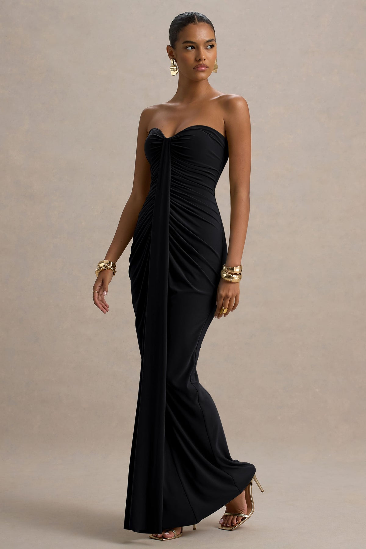 Ali | Black Jersey Sweetheart Maxi Dress With Gathered Detailing And Sash