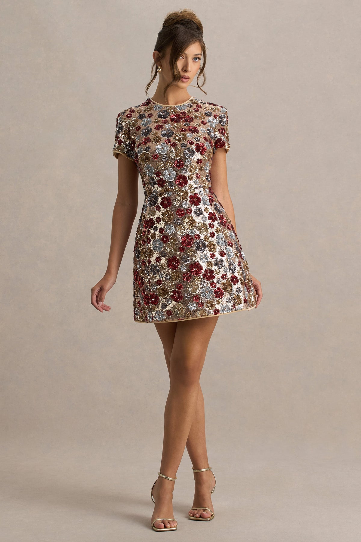 Eira | Red Floral Sequin Round Neck Short Sleeve A-Line Mini Dress