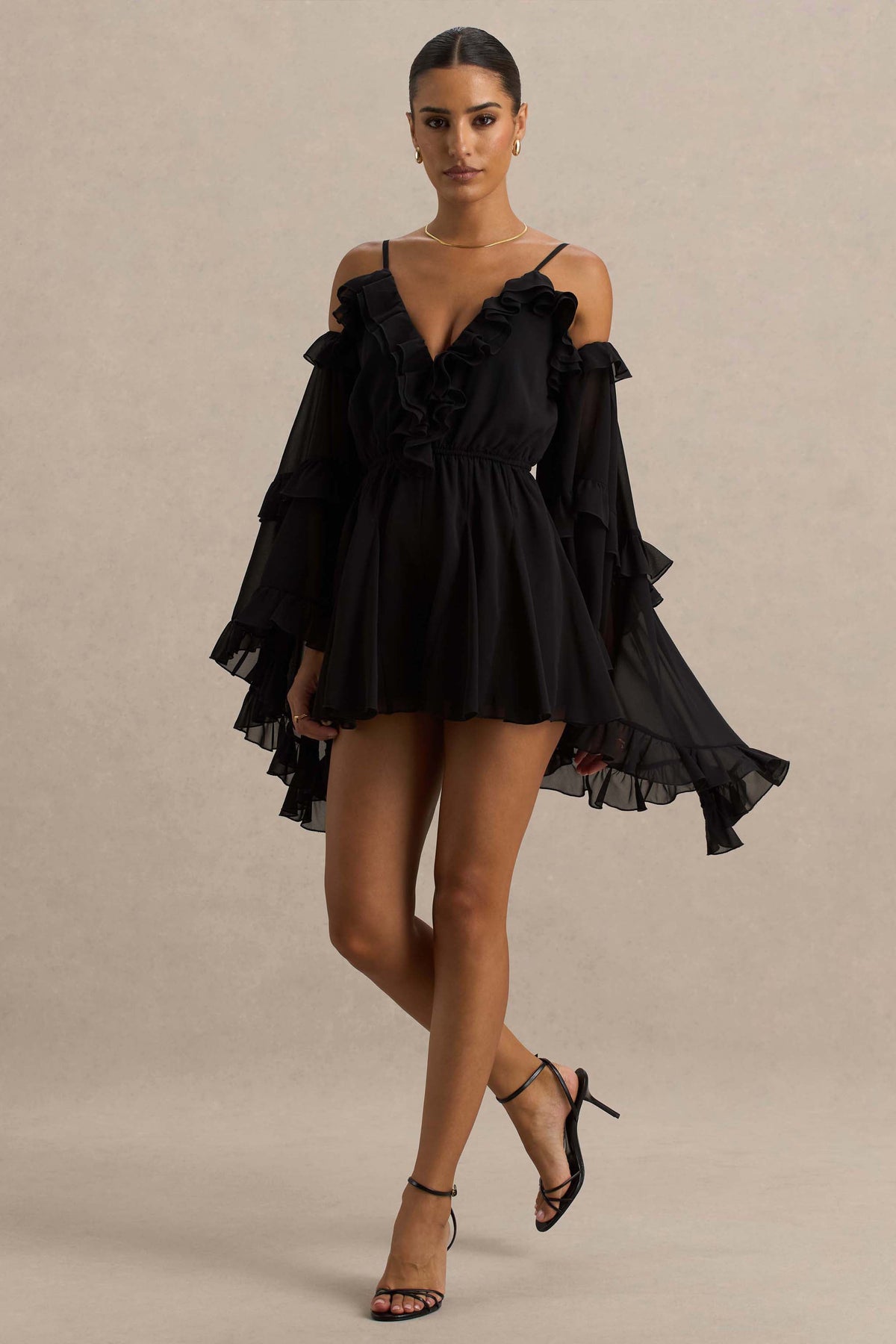 Anaya | Black Chiffon Romper With Long Sleeves