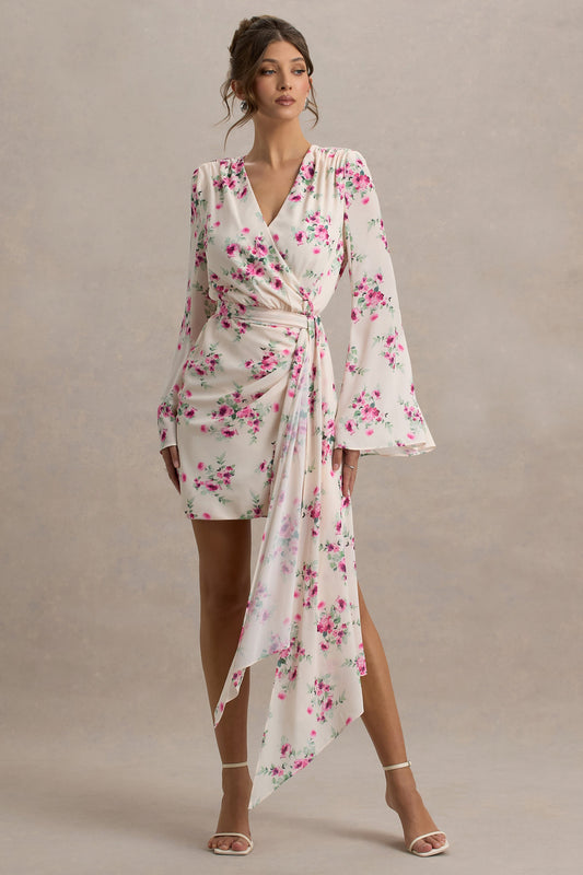 Goldie | Cream Floral Print Chiffon Long-Sleeve Wrap Mini Dress