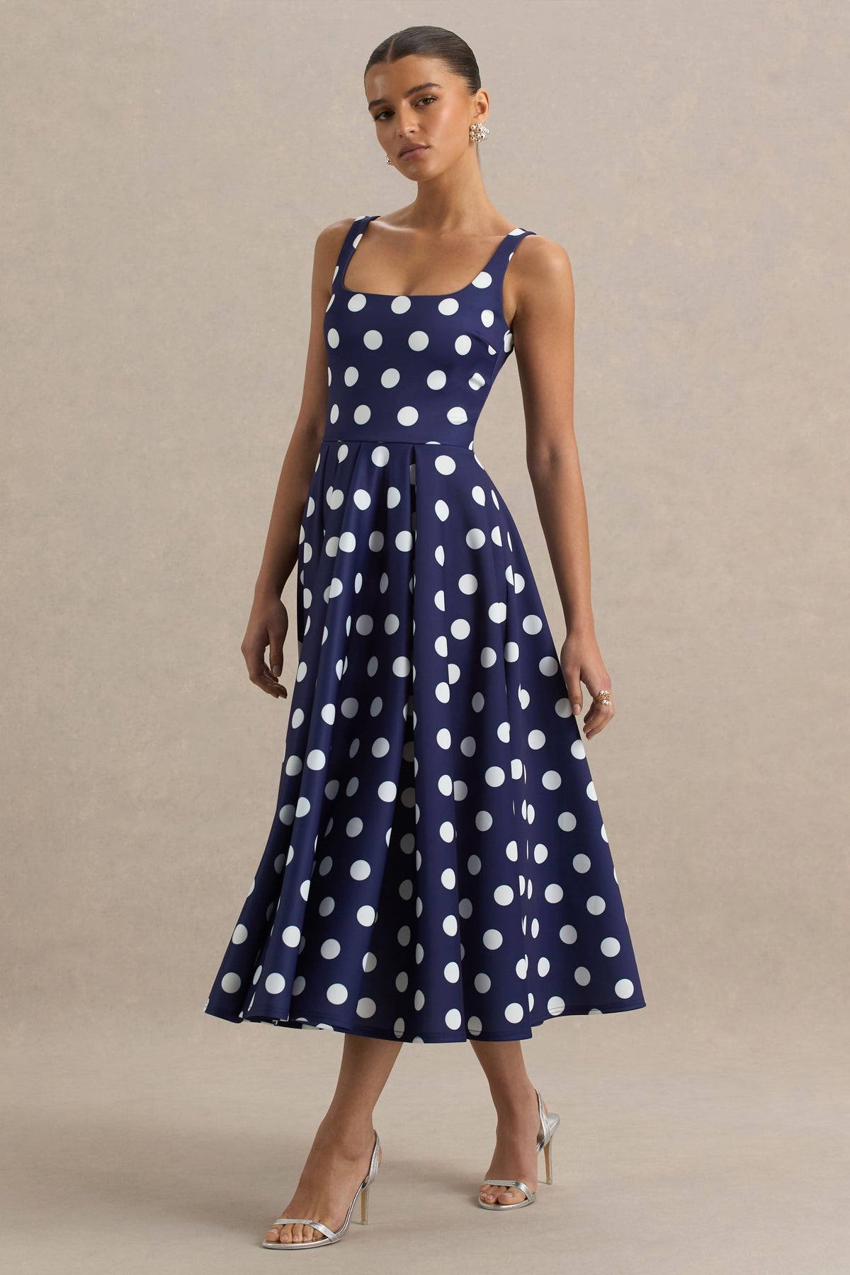 Berta | Navy And White Polka Dot Print Scuba Square Neck A-Line Midi Dress