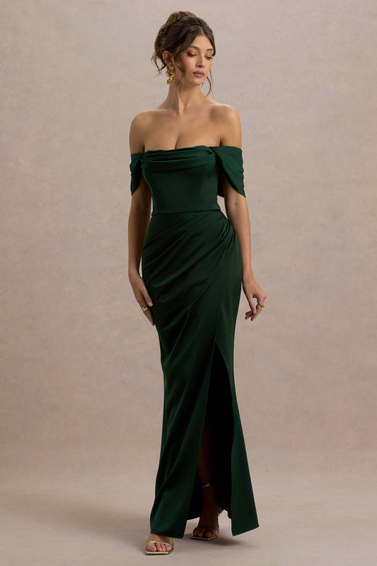 Annie | Bottle Green Satin Bardot Maxi Dress With Split Wrap Skirt