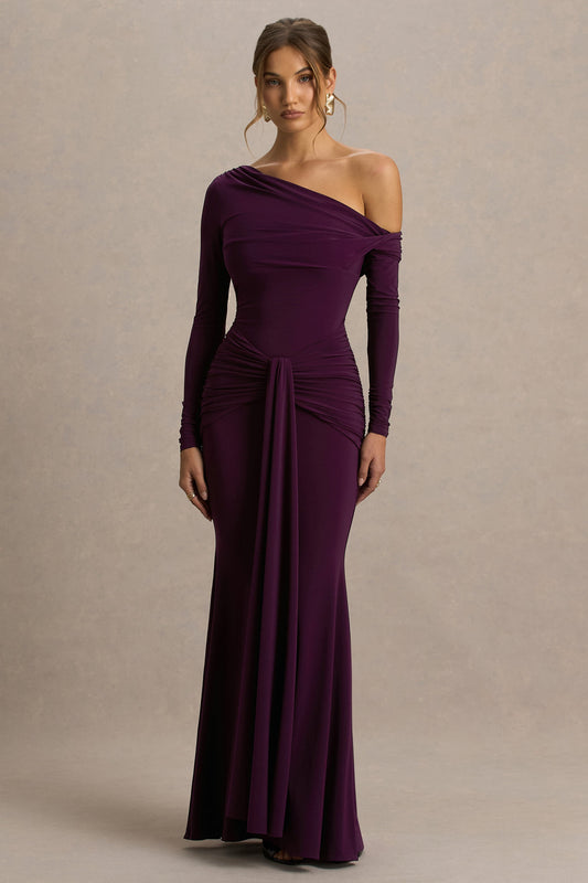 Clover | Burgundy Asymmetric-Neck Wrapped Maxi Dress With Sash
