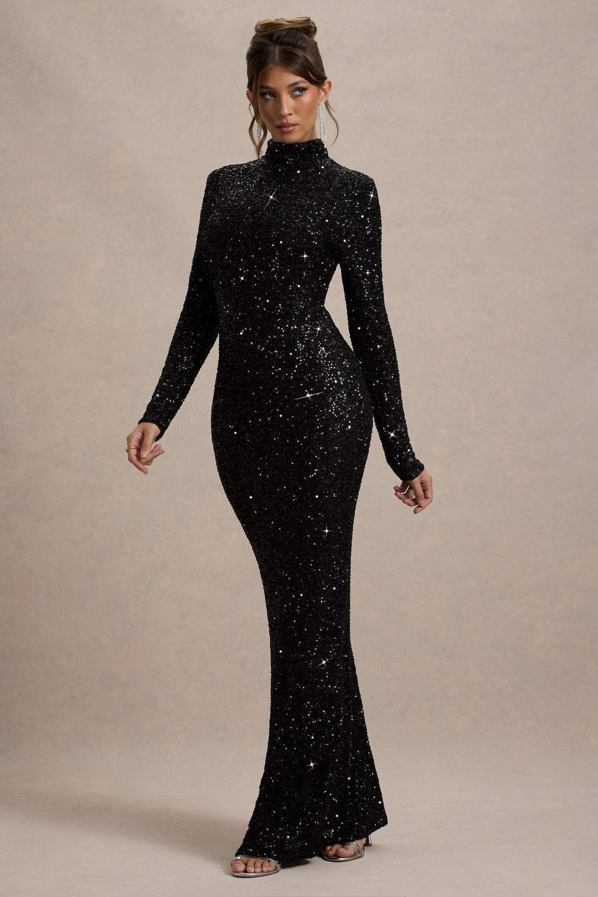 Galaxy | Black Sequin High Neck Long Sleeve Maxi Dress