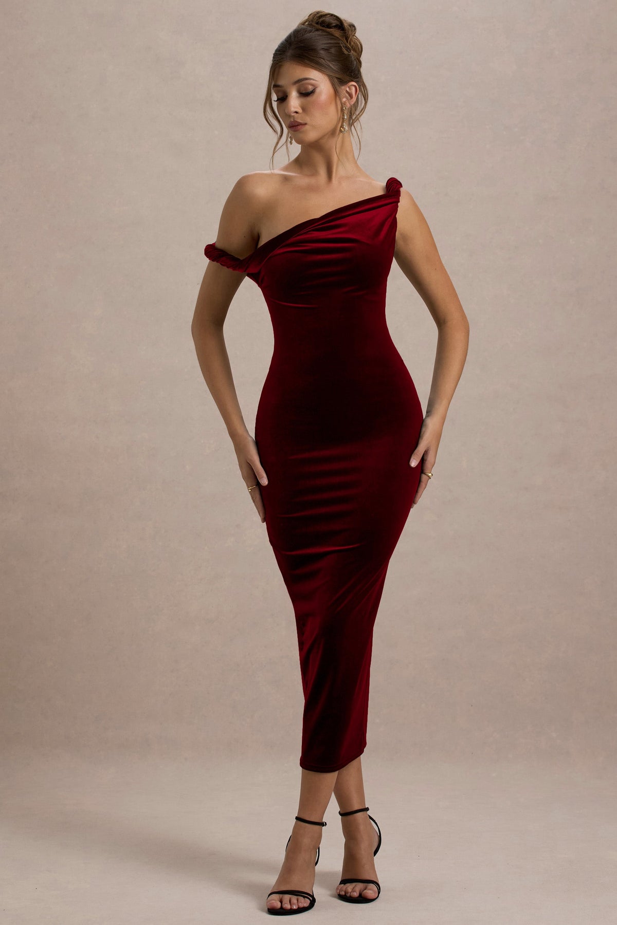 Carella | Berry Velvet One Shoulder Midi Dress With Twist Detailing