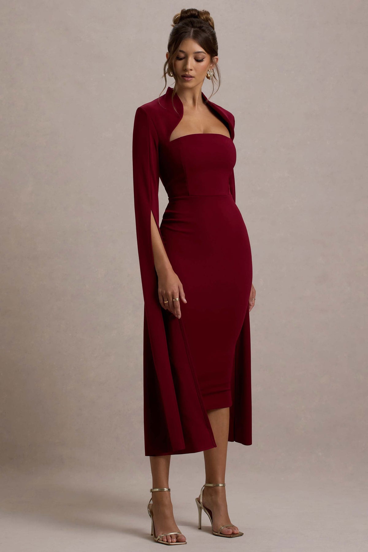 Linden | Burgundy Bodycon Cape-Sleeve Midi Dress