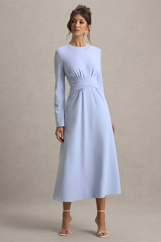 Cassiopeia | Light Blue Long-Sleeve Midi Dress With Cross Waist